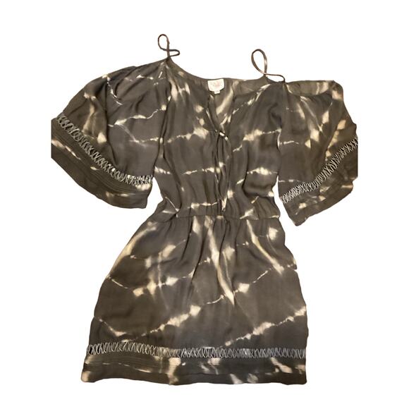 Parker Brown 100% Silk Tie-Dye Blouson Off Shoulder Sleeve Mesh Short Dress L - Picture 1 of 6